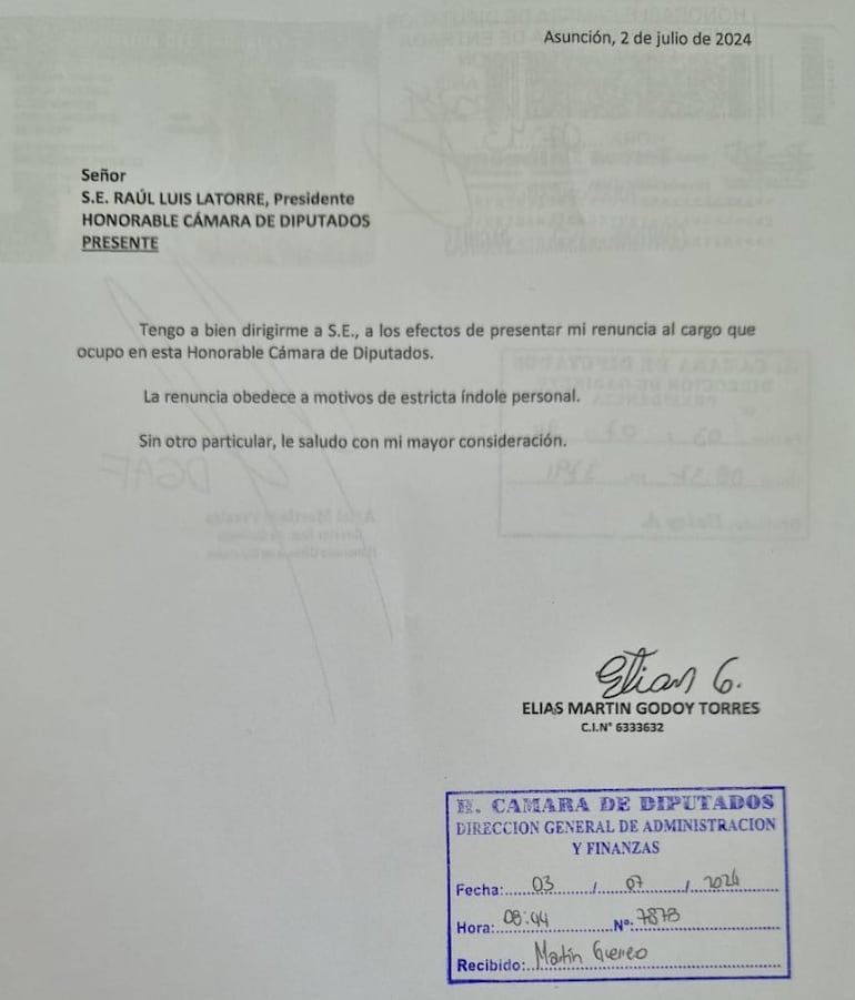 Aceptación de renuncia de Elías Godoy.