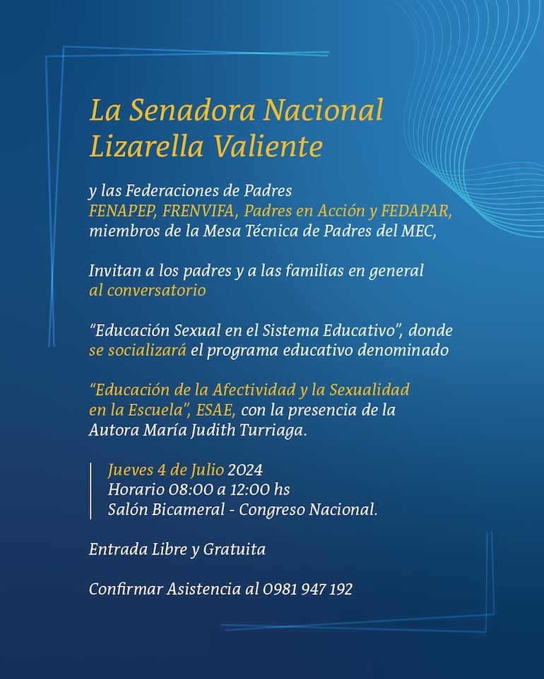 Invitación a conversatorio que promociona la senadora Lizarella Valiente. El flyer circula por Whatsapp. (gentileza).