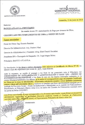 Orden firmada por Jorge Brítez junto al funcionario del Dpto. de Mantenimiento de Infraestructura.