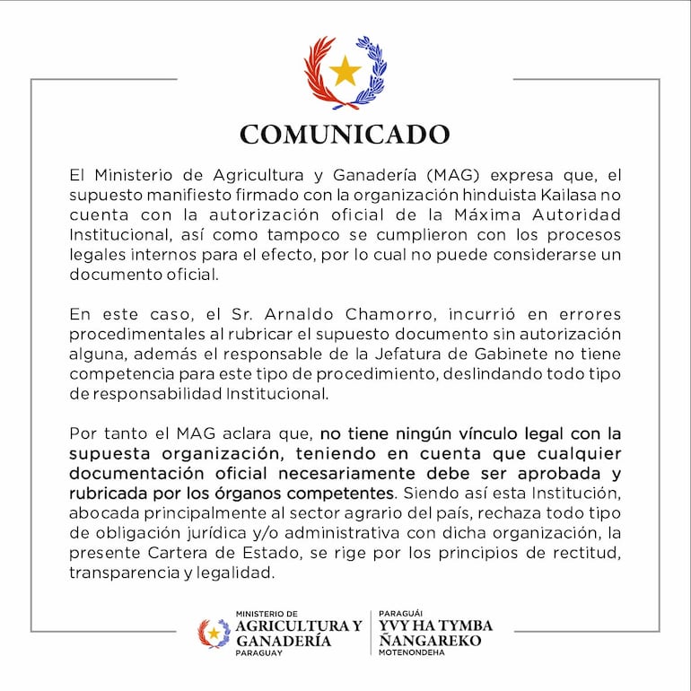 Comunicado del MAG sobre firma de entendimiento con Estados Unidos de Kailasa país inexistente.