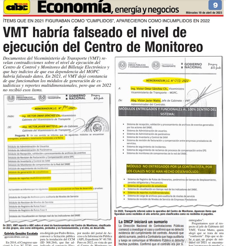 Facsímil de la publicación en el cual se expuso contradicciones en informes del Viceministerio de Transporte (VMT), simplemente con meses de diferencia. Fue el inicio de las indagaciones que revelaron escandalosas anomalías.