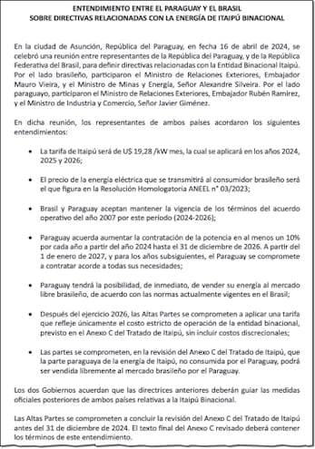 El documento de entendimiento entre Paraguay y Brasil sobre Itaipú Binacional, acordado el 16 de abril y revelado ayer.