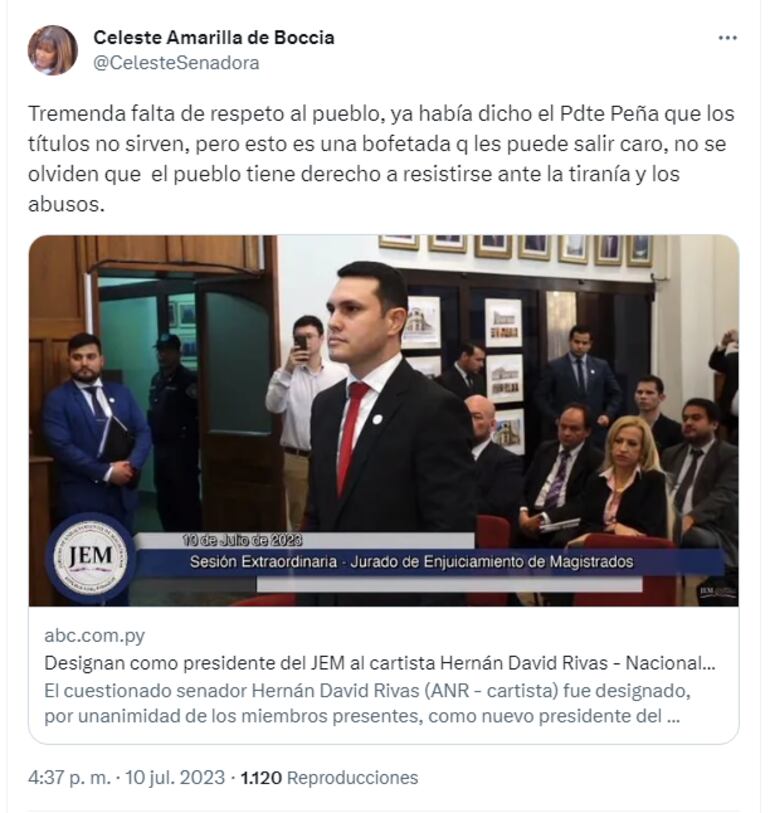 Celeste Amarilla, senadora del PLRA, tildó de "falta de respeto al pueblo" la elección de Rivas como presidente del JEM.