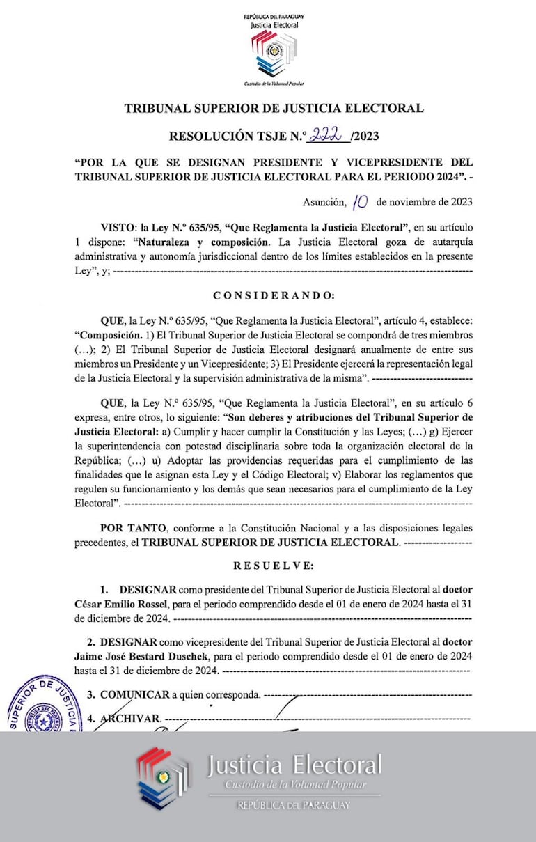 Resolución Nº 222 del TSJE en el que se designa a César Rossel como presidente de la institución desde el 1 de enero de 2024. (gentileza).