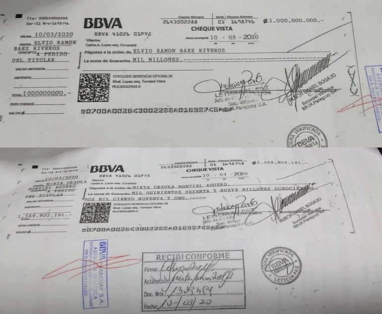 Copia de algunos de los cheques que fueron efectivizados por la sobrina del Monseñor, Mirta Montiel y su chofer Elvio Báez por valor de, G. 1.569 y 1.000 millones, respectivamente.