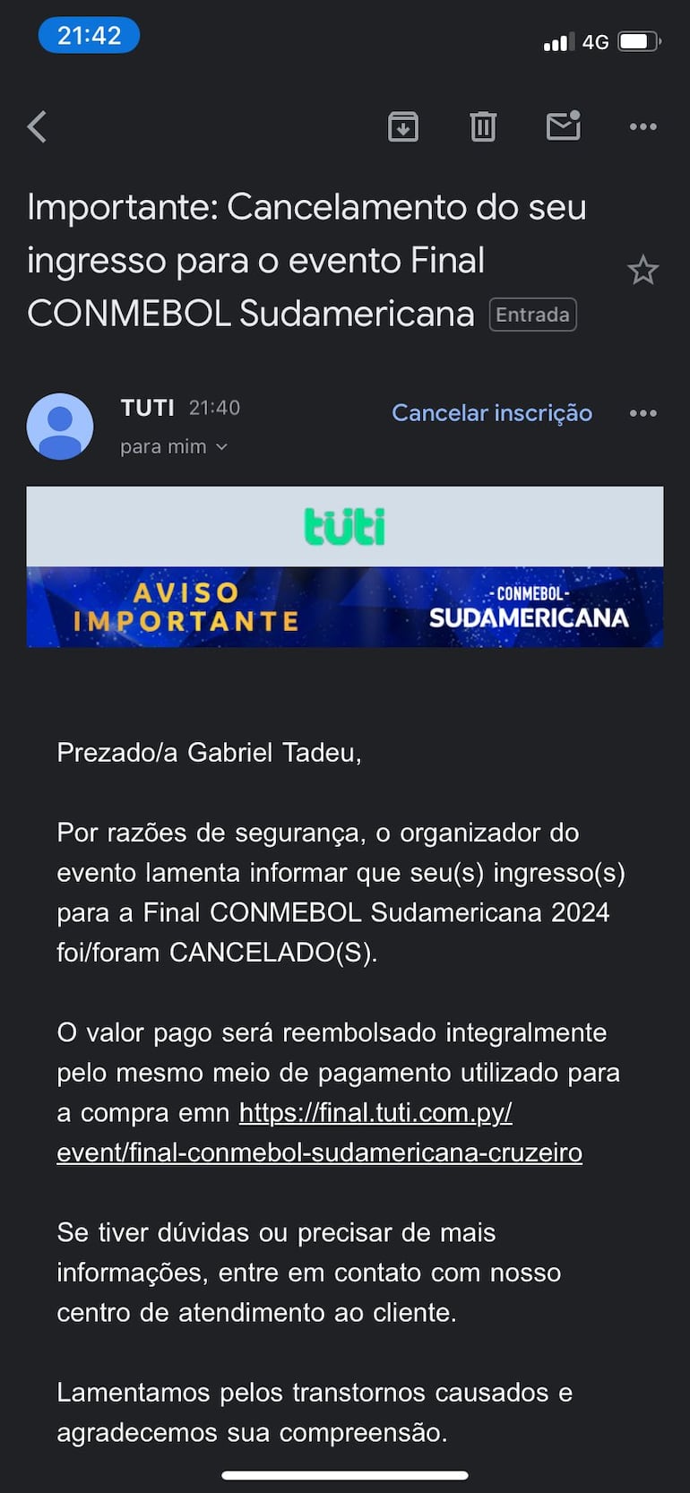 El correo que reciben los hinchas afectados por la devolución de entradas.