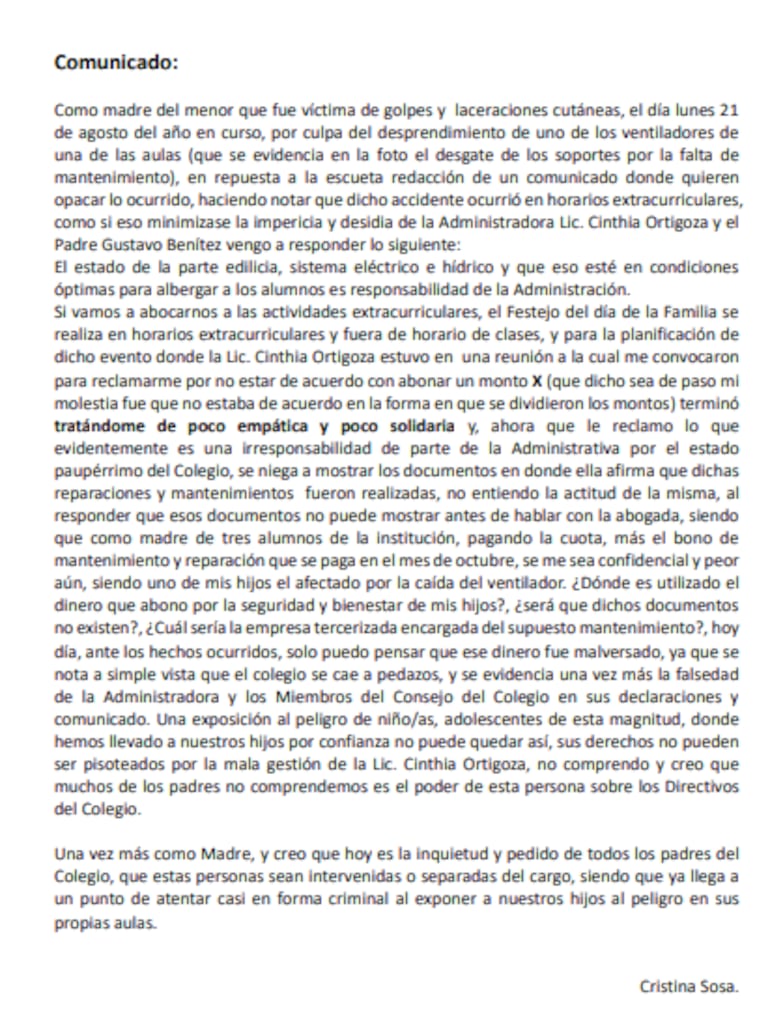 Comunicado emitido por Cristina Sosa, madre del niño sobre quien cayó el ventilador en el Colegio San Cristóbal de Asunción.