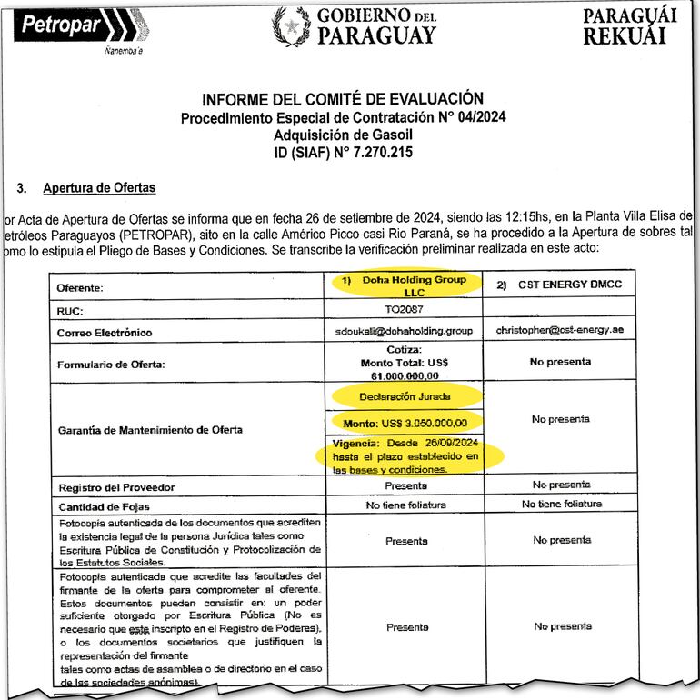 En el informe de evaluación de ofertas dejaron constancia de que la empresa catarí presentó una declaración jurada como garantía de mantenimiento de su oferta.