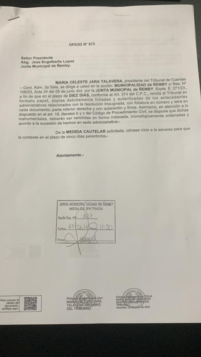 El oficio del Tribunal de Cuentas enviado a la Junta Municipal de Ñemby.