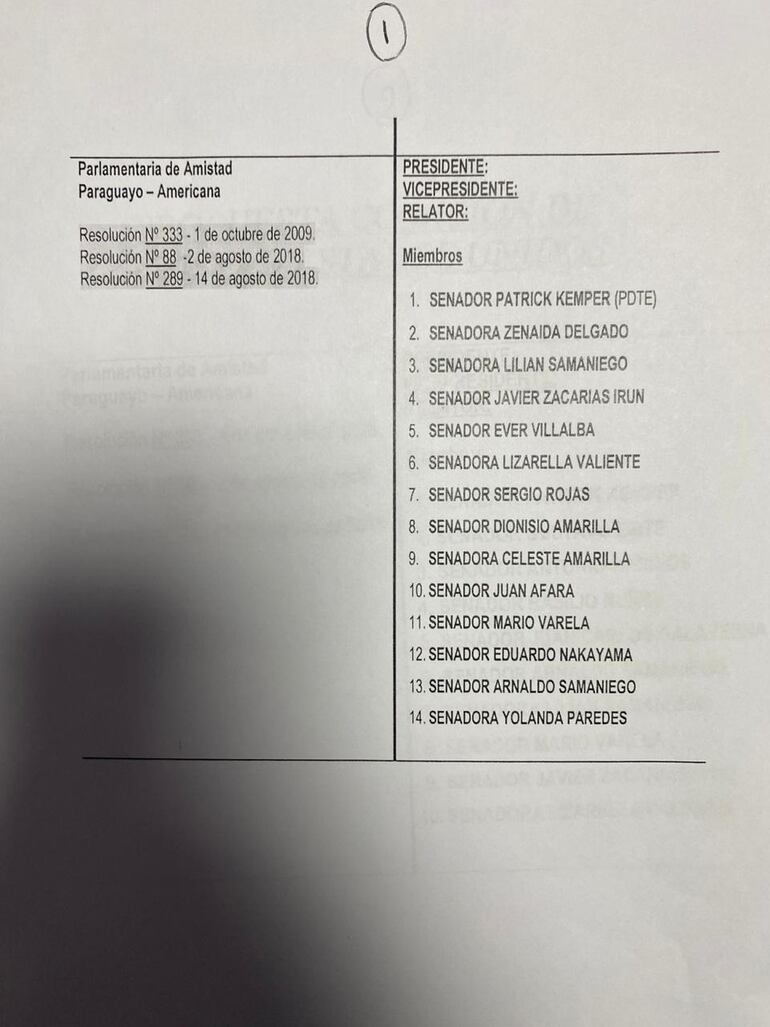 Listado de Comisión de Amistad Paraguayo-Americana del Senado con legisladores de varios partidos políticos. (gentileza)