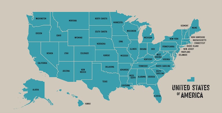 Mapa político de Estados Unidos.