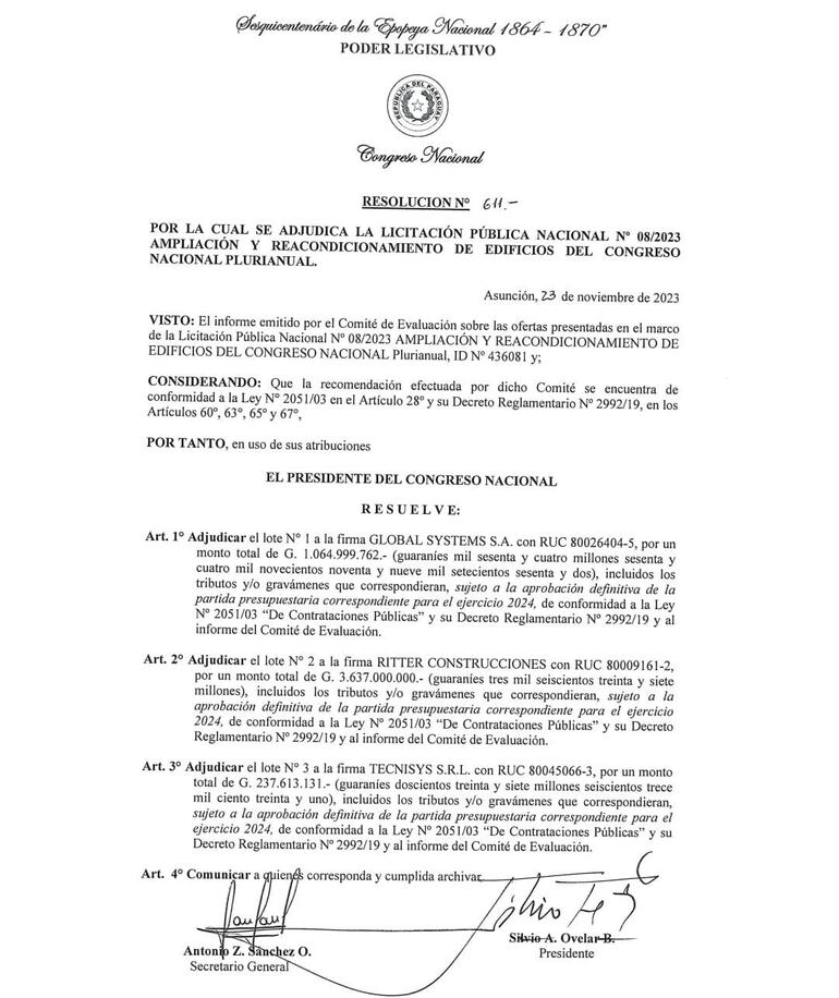 Resolución de Adjudicación para la ampliación del edificio del Congreso Nacional firmada por el senador y presidente del Senado Silvio "Beto" Ovelar (ANR, HC).