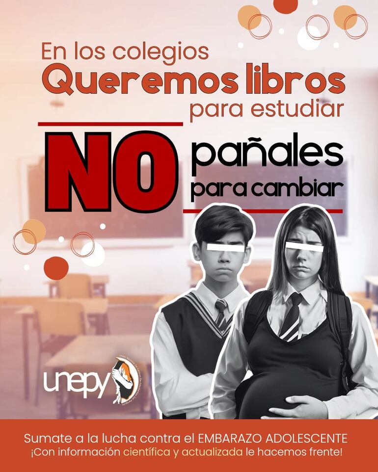 Flyer de la campaña de la Unepy para prevenir el embarazo adolescente y por una educación sexual integral.