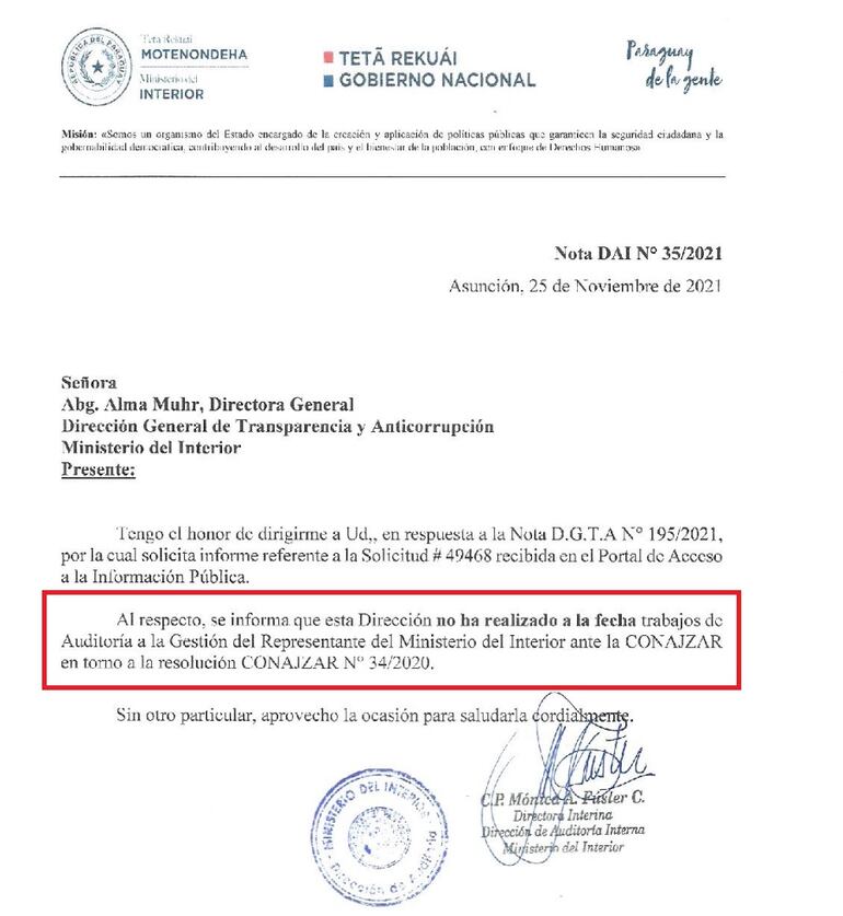 Facsímil de la respuesta de Interior  de días atrás, con relación a la auditoría anunciada a Omar Mongelós, y afirmó que no existe.