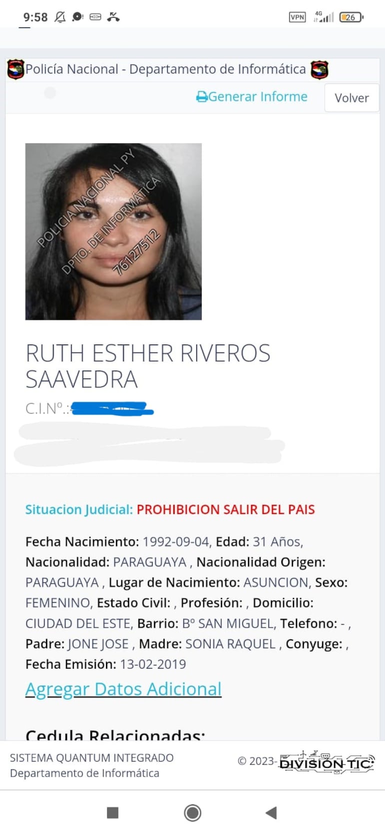 Ficha policial de Ruth Riveros Saavedra con restricción de salir del país.