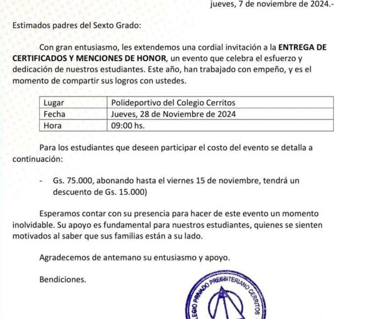 Solicitud de pago para entrega de certificados en un colegio privado de  Villa Elisa.