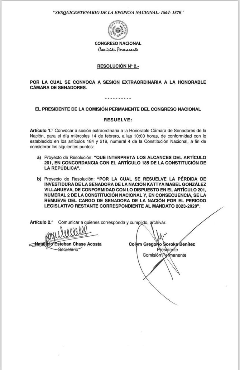 Convocatoria a la sesión extraordinaria mañana en el Congreso Nacional.