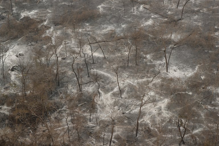 Fotografía aérea de la zona afectada por un incendio en la región del Chaco este viernes, en Bahía Negra.