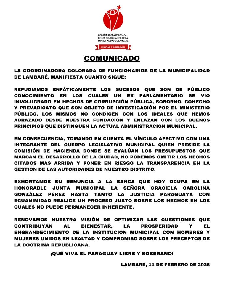 Comunicado de la Coordinadora Colorada de Funcionarios de la Municipalidad de Lambaré.