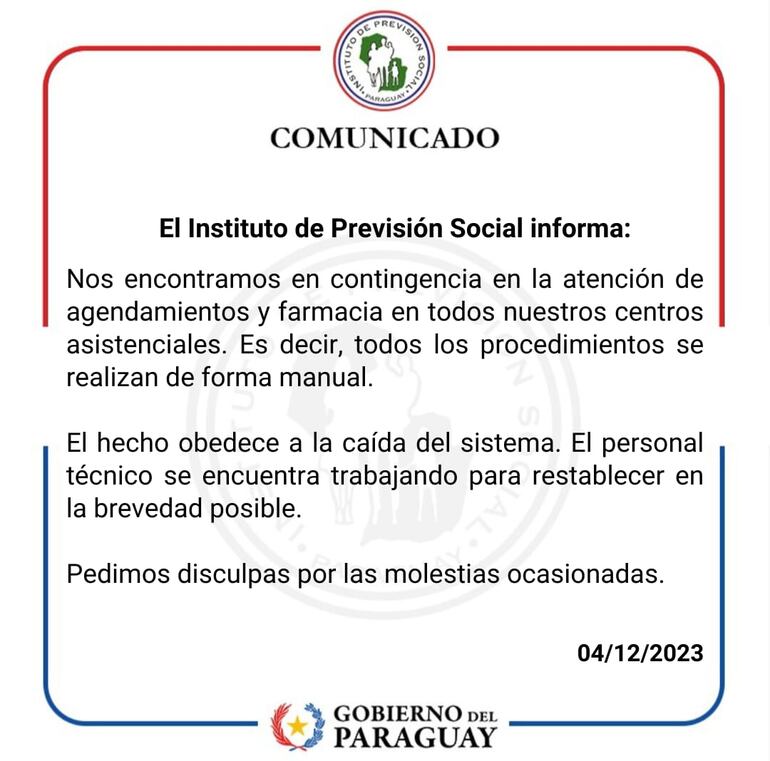 Comunicado del IPS sobre la caída del sistema informático.