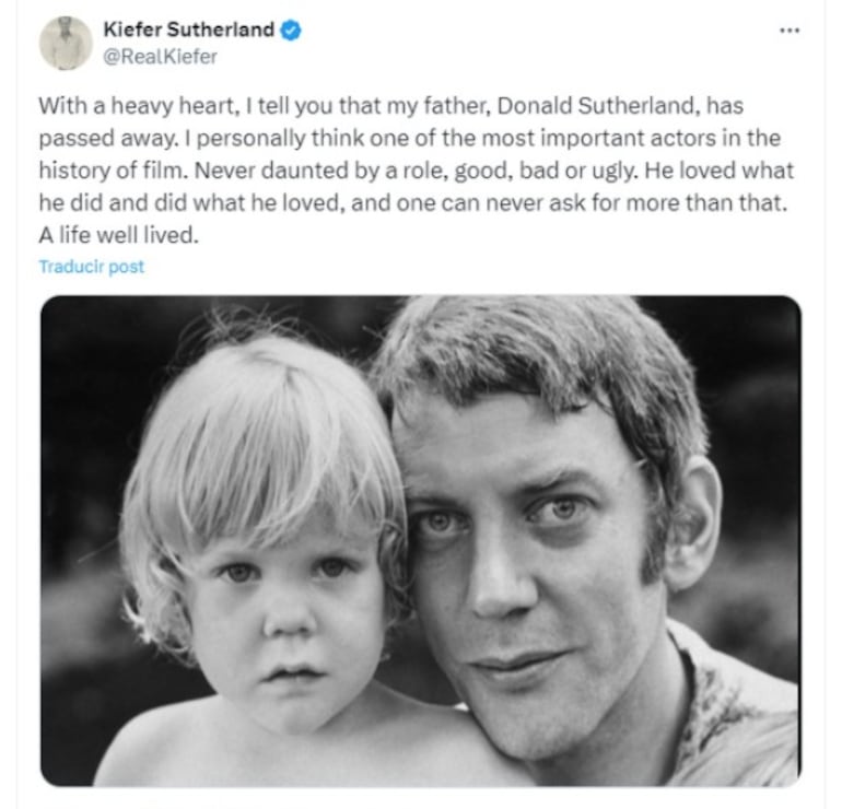 Kiefer Sutherland anunció la muerte de su padre, Donald, en Twitter.