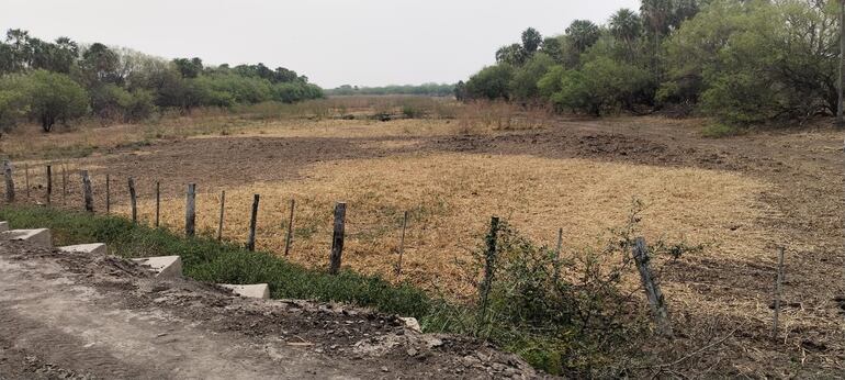 Asi se ve al otro lado de la represa, toalmente seca de agua el cauce original del riacho.