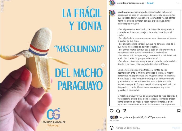 Posteo del psicólogo Osvaldo González sobre la masculinidad del paraguayo.