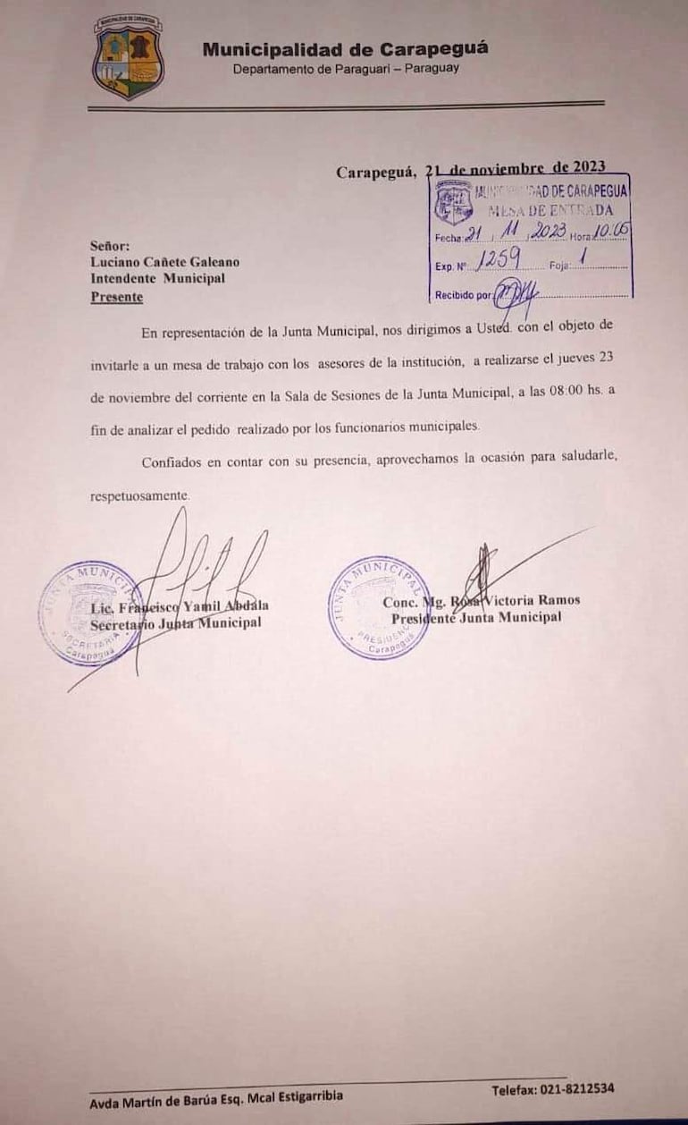 La nota remitida al intendente Luciano Cañete (ANR) por la presidenta de la Junta Municipal, Rosa Ramos (ANR).