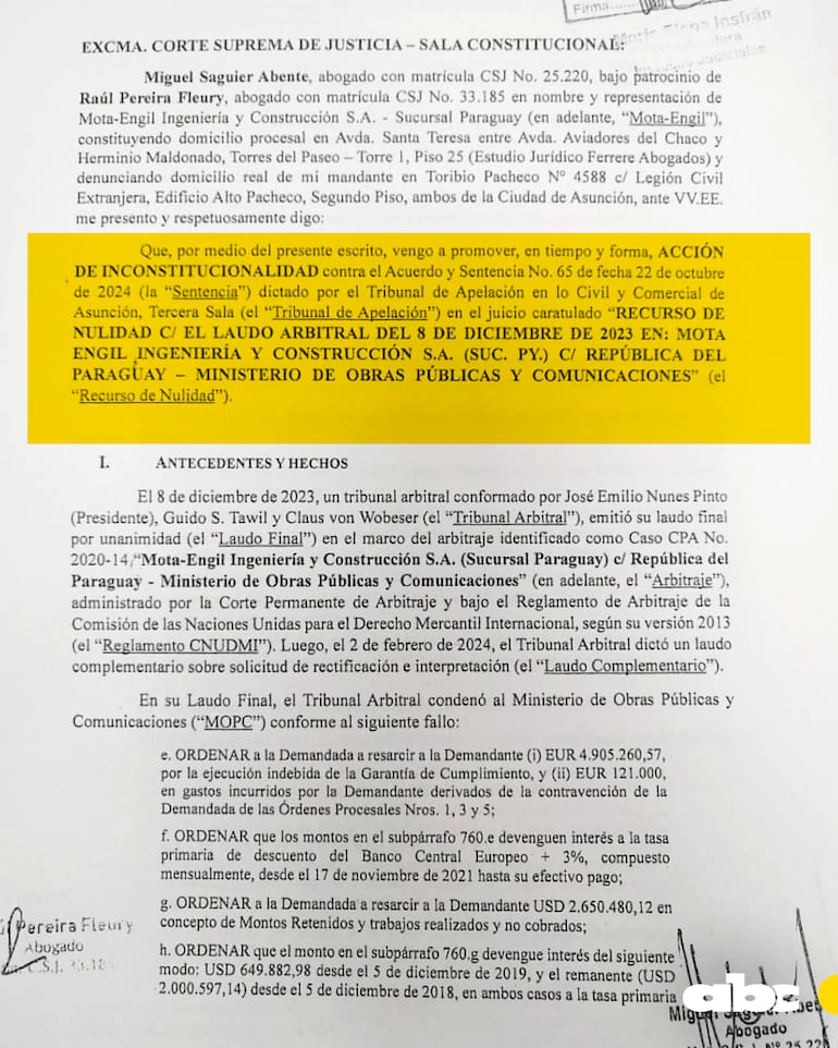 Acción de inconstitucionalidad que presentó Mota Engil.