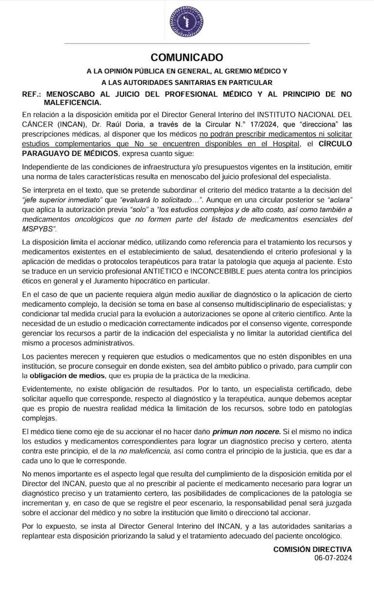 Comunicado de médicos sobre cuestionada disposición del Incan.