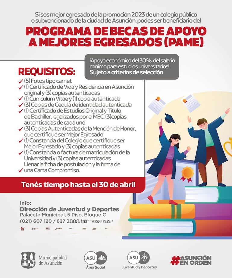 Afiche de promoción de la beca para mejores egresados de 2023 en colegios públicos y subvencionados de Asunción.