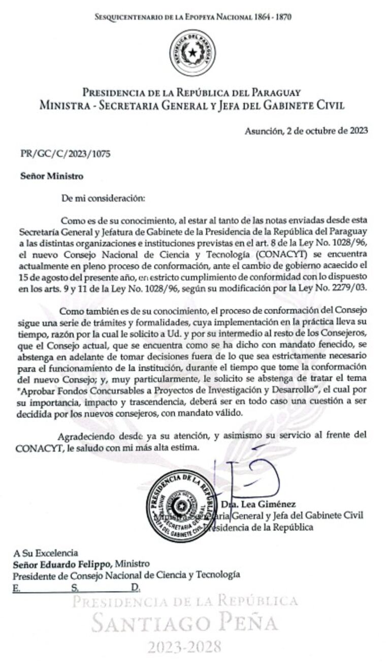 Nota remitida por Lea Giménez al titular de Conacyt, Eduardo Felippo.