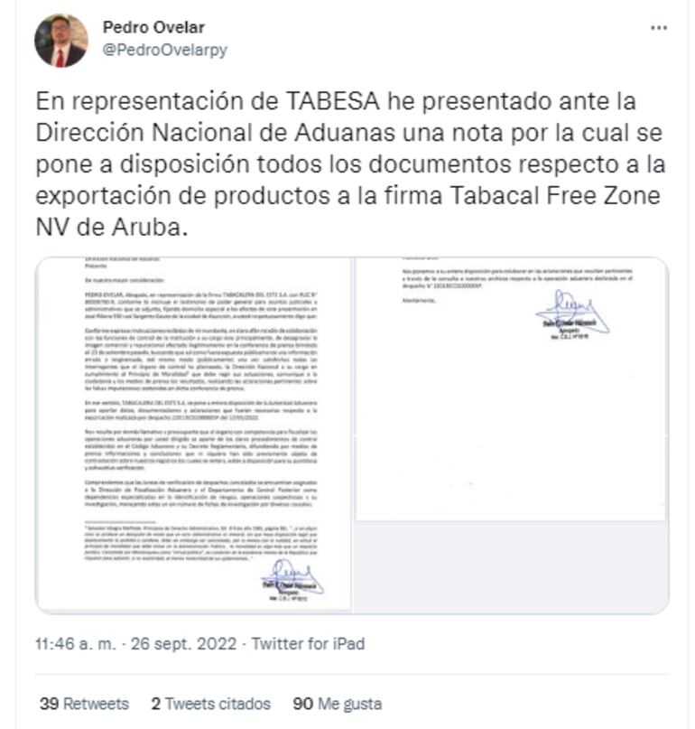 Tuit del abogado de Tabesa, Pedro Ovelar en el que anuncia que documentaciones de la importación a través del avión iraní, se ponen a disposición de la Dirección Nacional de Aduana. (Captura de Twitter).