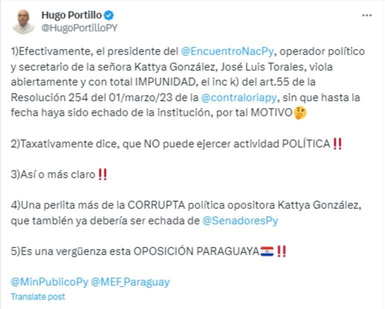 Hugo Portillo continúa con campaña desinformante