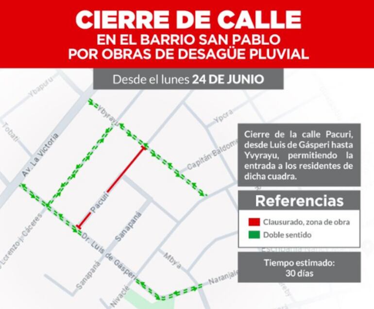 Anuncian cierre de calles por obras en el barrio San Pablo de Asunción.