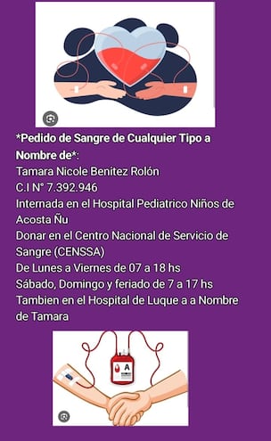 Flyer con la información para realizar la donación de sangre.