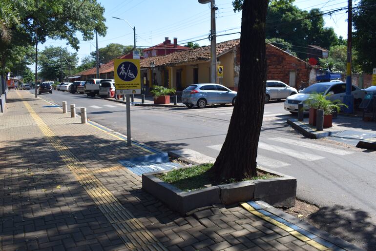 Así se encuentra la vereda que está frente a la Comisaría Tercera Central, donde las raíces de este añoso árbol removió las losas que forman parte  de la "unificación de veredas".