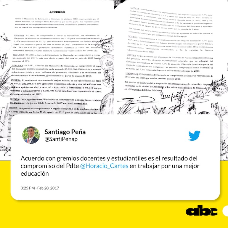 Santiago Peña twiteó el compromiso firmado con los docentes en 2017, cuando era ministro de Hacienda del gobierno de Horacio Cartes.