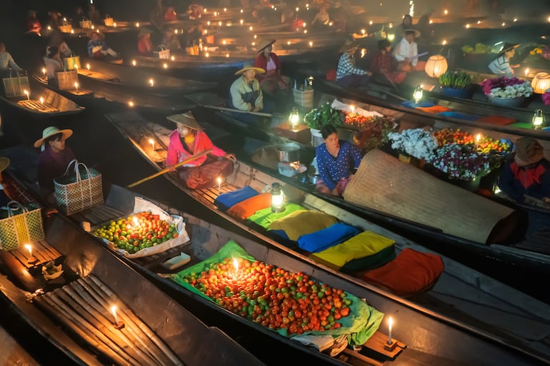 Mercado flotante Damnoen Saduak, Bangkok, Tailandia.