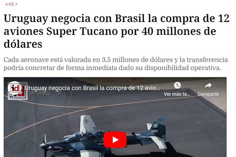 Una de las publicaciones del medio Infodefensa.com que habla de la compra que pretendía realizar el Uruguay de 12  aviones.