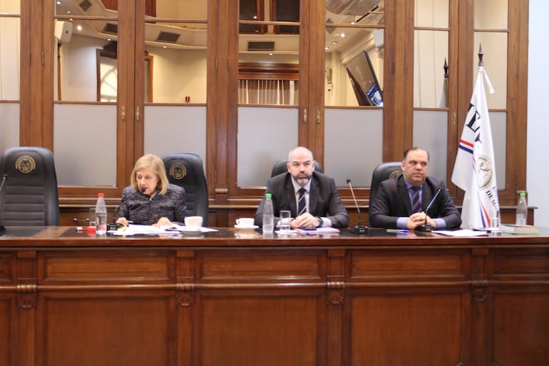 La presidenta del JEM Alicia Pucheta, el consejero Enrique Berni y el senador Mario Varela (de izq. a der.), en modo presencial para la sesión ordinaria.