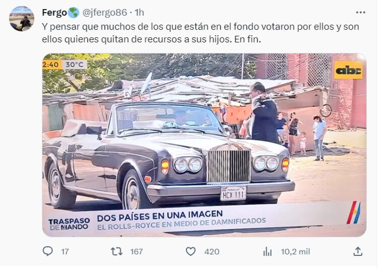 Usuarios de redes sociales criticaron la evidente desigualdad que existe en nuestro país, donde el presidente de la República, Santiago Peña, se traslada en un lujoso auto, frente a las precarias viviendas de las familias de la Chacarita.