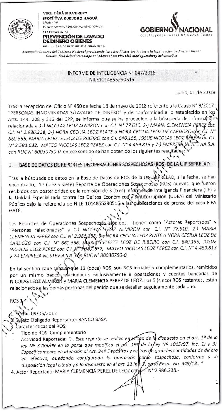 Carátula del cuarto informe de inteligencia financiera, donde constan los últimos movimientos de Nicolás  Leoz, antes de su fallecimiento.