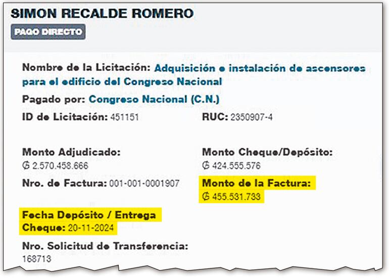 El otro pago por G. 425 millones ordenado por el Parlamento a favor de la empresa denunciada.