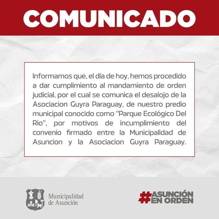 Comunicado de la Municipalidad de Asunción en el que informa del desalojo de Guyra Paraguay del "Parque Ecológico del Río".