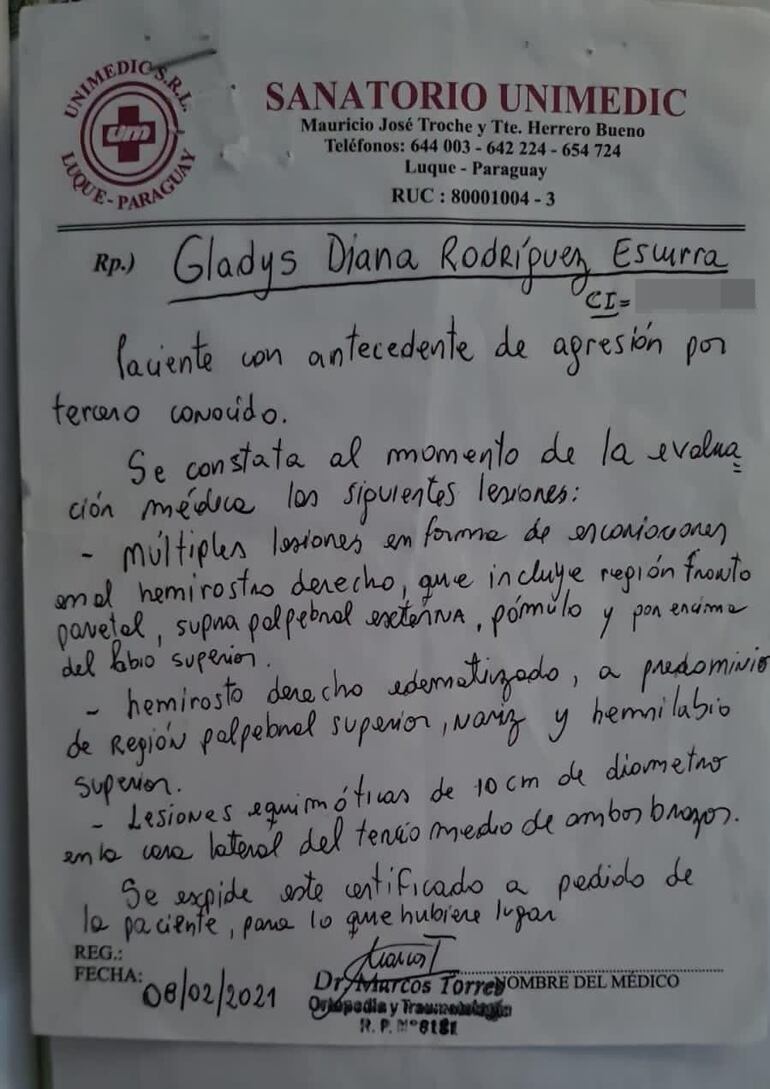 Certificado médico presentado por la denunciante en la causa.