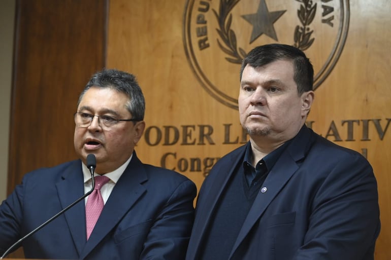 Los senadores Gustavo Leite, y Dionisio Amarilla en conferencia tras la primera reunión de la CBI.