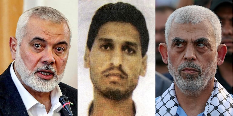 Combinación de fotos de AFP. Los líderes del movimiento palestino pro iraní anti israelí: Ismail Haniyeh, Mohammed Deif (C) y Yahya Sinwar (d). Todos fueron abatidos por el ejército de Israel.