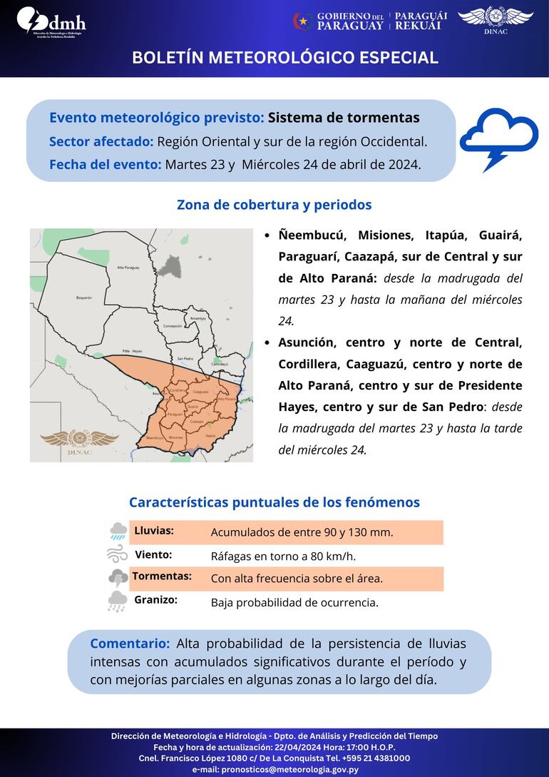 Boletín especial por alerta de tormentas de la Dirección de Meterología.