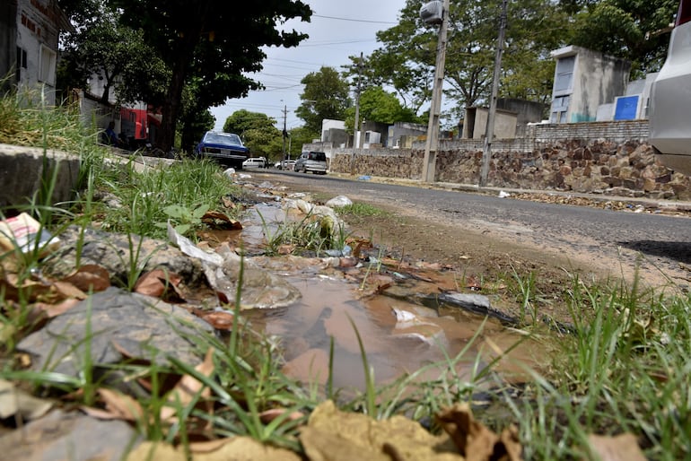 En México casi 21 proyectadas, se nota que el agua brota del caño hace largo tiempo porque la calle está muy deteriorada.